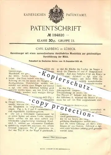 original Patent - Carl Karberg , Lübeck , 1905 , Gummisauger für Milch , Sauger , Kindernahrung , Milchflasche , Nahrung