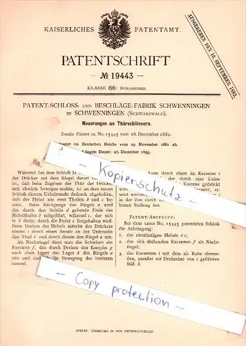 Original Patent  - Patent-Schloss- und Beschläge-Fabrik Schwenningen , Schwarzwald , 1881 , !!!