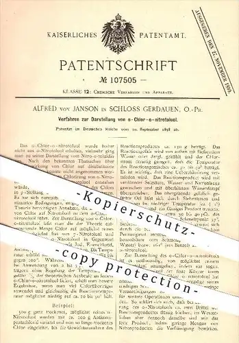 original Patent - A. von Janson , Schloss Gerdauen , O.-Pr. , 1898 , Darstellung o - Chlor - o - nitrotoluol , Chemie !!