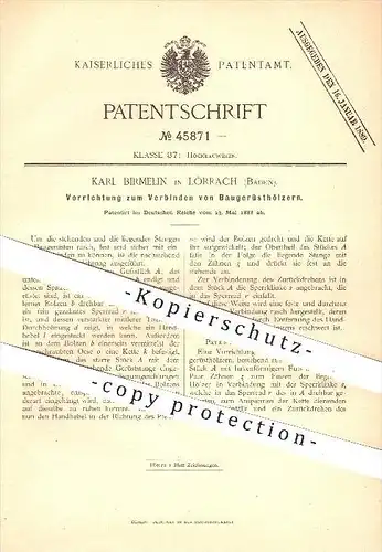 original Patent - Karl Birmelin in Lörrach , 1888 , Verbinden von Baugerüsthölzern , Gerüstbau , Gerüstbauer , Hochbau !