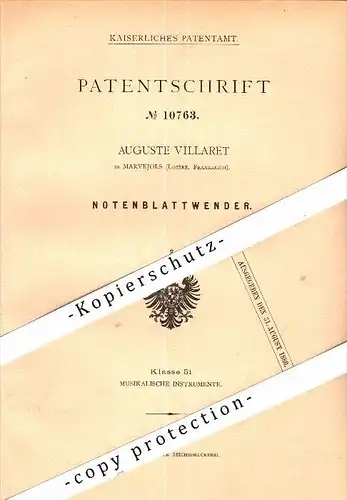 Original Patent - Auguste Villaret à Marvejols , Lozere , 1879 , Fiche Turner !!!