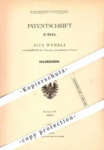 Original Patent - Pius Wehrle in Rötenbach b. Friedenweiler , 1879 , Kalenderuhr , Uhrmacher , Uhren , Titisee-Neustadt