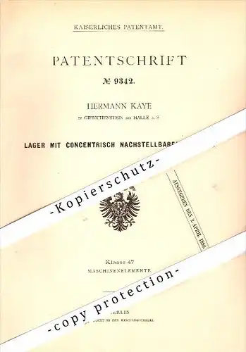 Original Patent - Hermann Kaye in Giebichenstein b. Halle a.S. , 1879 , nachstellbare Lagerung , Maschinenbau !!!