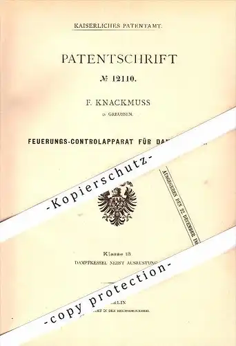 Original Patent - F. Knackmuss in Greußen i. Thüringen , 1880 , Apparat für Dampfkessel !!!