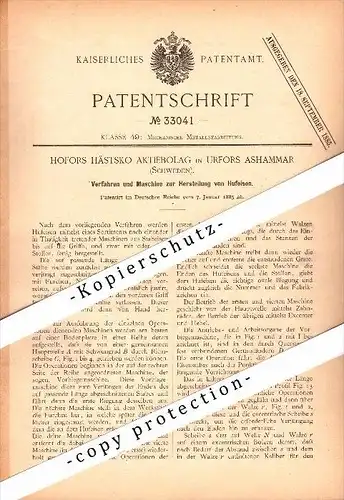 Original Patent - Hofors Hästsko Aktiebolag in Urfors Ashammar , 1885 , Maschine zur Herstellung von Hufeisen !!!