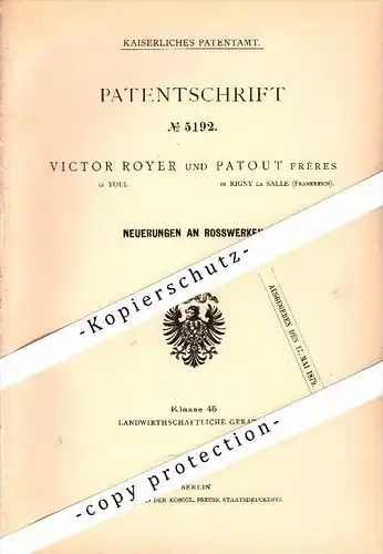 Original Patent - Victor Royer à Rigny la Salle et Toul , 1878 , Machine pour l'agriculture !!!