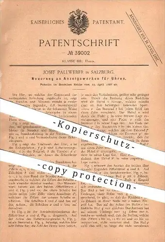 original Patent - Josef Pallweber in Salzburg , 1886 , Anzeigewerk für Uhren , Uhr , Uhrmacher , Zifferblatt , Zeit !!!