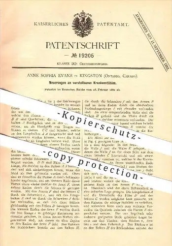 original Patent - Anne Sophie Evans in Kingston , Ontario, Kanada , 1882 , Verstellbare Krankenstühle , Krankenbett !!!