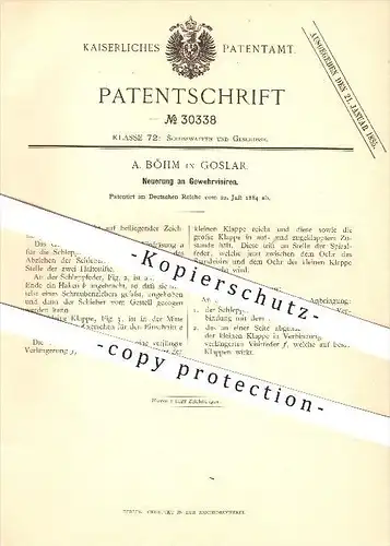 original Patent - A. Böhm in Goslar , 1884 , Gewehrvisiere , Gewehre, Waffen , Geschosse !!!