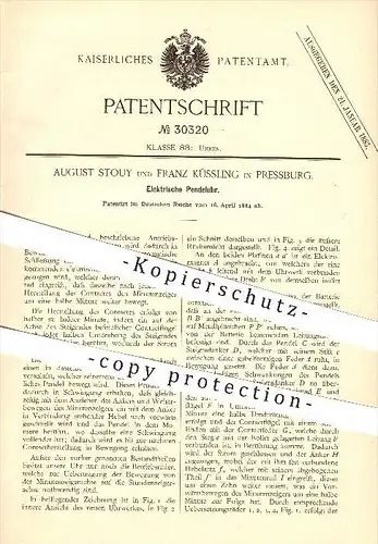 original Patent - August Stouy & Franz Küssling in Pressburg / Bratislava , 1884 , Elektrische Pendeluhr , Uhrmacher !!!