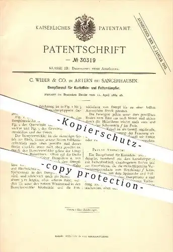 original Patent - C. Weber & Co. in Artern bei Sangerhausen , 1884 , Dampfkessel für Kartoffel- und Futterdämpfer !!!