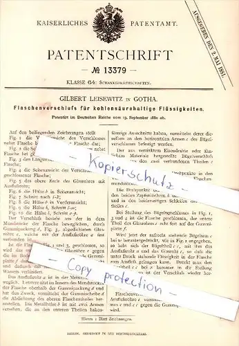 Original Patent - Gilbert Leisewitz in Gotha , 1880 , Flaschenverschluß !!!
