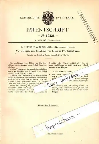 Original Patent - L. Reinicke in Bessungen b. Darmstadt , 1880 , Vorrichtung für Pferdegeschirr , Pferde !!!