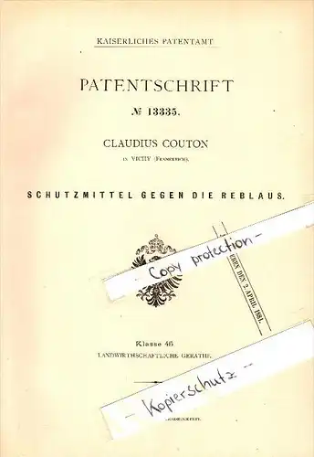 Original Patent - Claudius Couton à Vichy , 1880 , Préservatifs contre le phylloxéra , viticulture , Reblaus !!