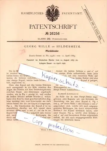 Original Patent - Georg Wille in Hildesheim , 1883 , Pferdeblender !!!