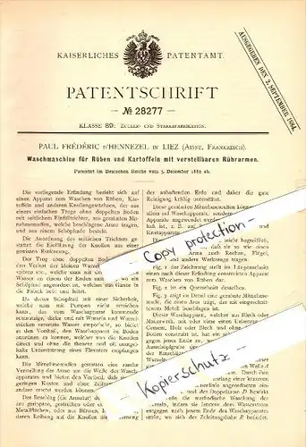 Original Patent - Paul d' Hennezel à Liez , Aisne , 1883 , Machine à laver pour les pommes de terre !!!