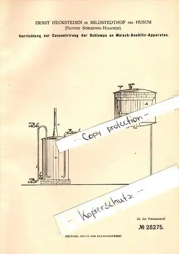 Original Patent - Ernst Hecksteden in Mildstedthof b. Husum , 1883 , Destillierapparat , Brauerei , Alkohol , Mildstedt