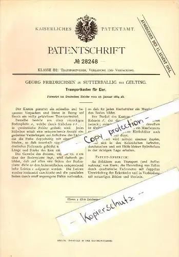 Original Patent - Georg Friedrichsen in Sutterballig b. Gelting , 1884 , Transportkasten für Eier , Landwirtschaft !!!