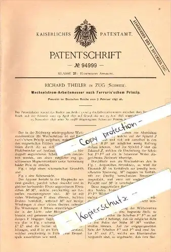 Original Patent - Richard Theiler in Zug , Schweiz , 1897 , Wechselstrom-Arbeitsmesse r , Elektrik !!!