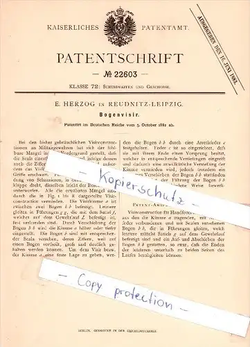 Original Patent   - E. Herzog in Reudnitz - Leipzig , 1882 , Bogenvisir für Militärgewehr , Gewehr !!!