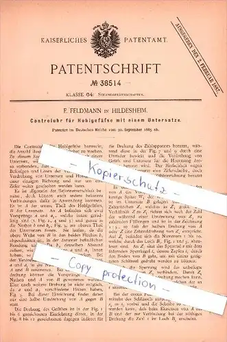 Original Patent  - E. Feldmann in Hildesheim , 1885 , Controluhr für Hohlgefäße , Kneipe , Brauerei , Bier !!!