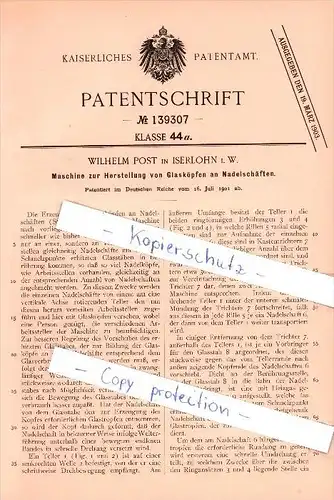 Original Patent  - Wilhelm Post in Iserlohn i. W. ,1901 ,  Herstellung von Glasköpfen an Nadelschäften !!!