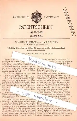 Original Patent  -  C. Burridge und H. Brown in Wairoa , Neuseeland , 1901 , Eisenbahnkupplungen !!!