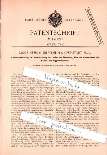 Original Patent - Jacob Heess in Ebertsheim b. Grünstadt , 1901 , Vorrichtung f. Papier- und Pappenmaschinen !!!