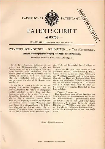 Original Patentschrift -  S. Schmoltner in Waidhofen a.d. Ybbs , 1891 , Möbel - Schwungfederbefestigung , Bett !!!