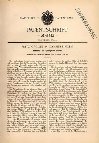 Original Patentschrift - Fritz Gäggel in Gammertingen , 1888 , Sprungwerk für Uhren , Uhr , Uhrmacher !!!