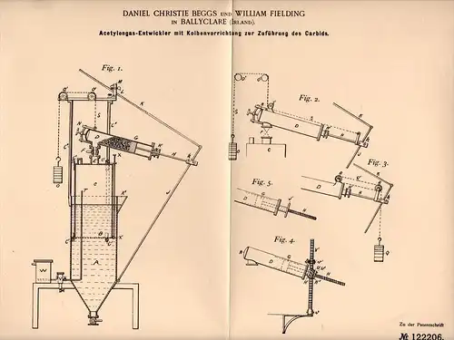 Original Patentschrift - D. Beggs and W. Fielding in Ballyclare , Ireland , 1899 , Acetylene - apparatus for carbide !!!