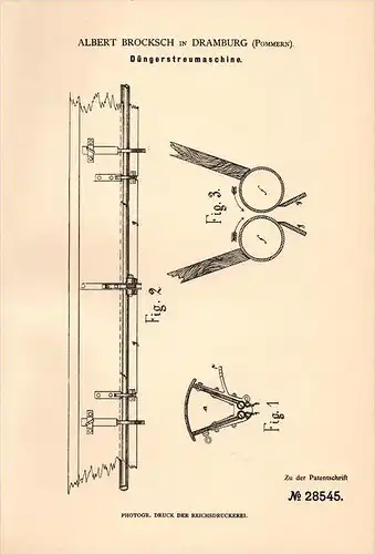 Original Patentschrift - A. Brocksch in Dramburg i. Pommern , 1883 , Düngerstreumaschine , Drawsko Pomorskie !!!