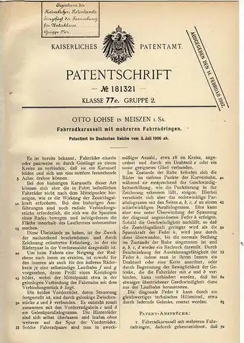 Original Patentschrift - O. Lohse in Meißen i. Sa., 1906 , Fahrrad - Karussell , Jahrmarkt , Kirmes , Rummel !!!