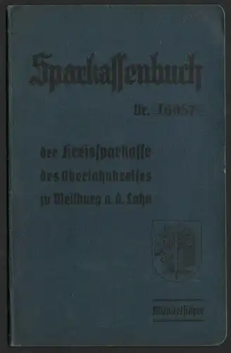 Sparbuch 1945 !! Rücklage für Krankenhausbau !!! Weilburg an der Lahn !!!