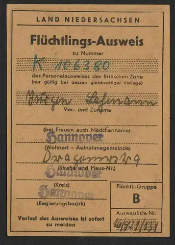 Flüchtlingsausweis , Land Niedersachsen , Hannover , 1950 , Flucht Vertreibung , Ausweis