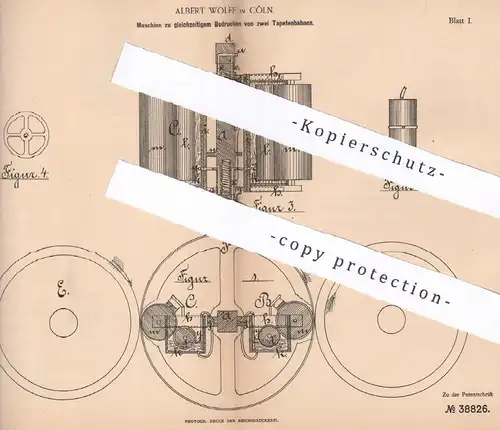 original Patent - Albert Wolff , Köln / Rhein , 1886 , gleichzeitiges Bedrucken von zwei Tapetenbahnen | Tapete , Papier