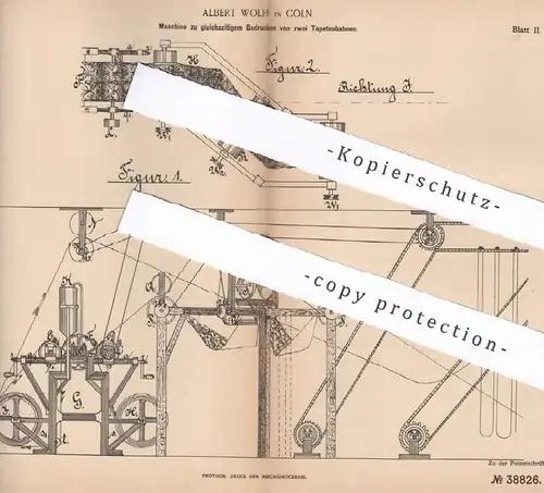 original Patent - Albert Wolff , Köln / Rhein , 1886 , gleichzeitiges Bedrucken von zwei Tapetenbahnen | Tapete , Papier