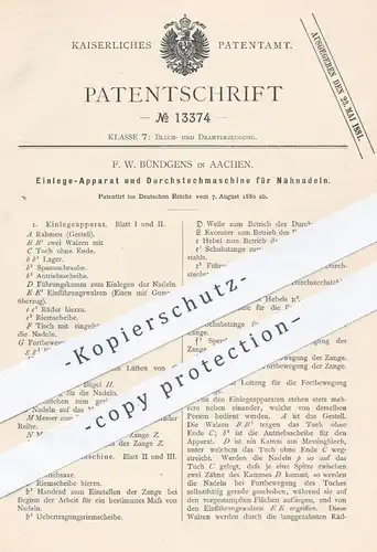 original Patent - F. W. Bündgens , Aachen , 1880 , Durchstechen der Nähnadeln | Nadel , Nähen , Nähmaschine , Nadeln !!