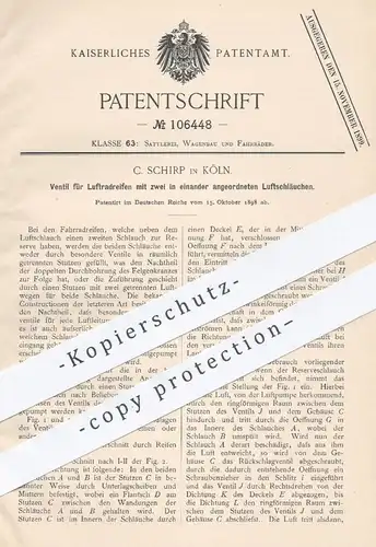 original Patent - C. Schirp , Köln , 1898 , Ventil für Luftreifen mit 2 Luftschläuchen | Reifen , Reifenventil , Fahrrad