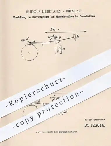 original Patent - Rudolf Liebetanz , Breslau 1900 , Mandolinentöne beim Drehklavier | Klavier , Piano , Musikinstrumente