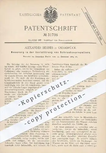 original Patent - A. Behnes , Osnabrück , 1884 , Installierung von Schraubenpropeller , Schiffe , Schiffbau , Propeller