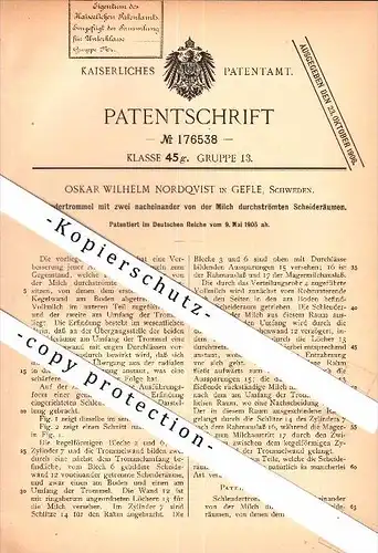 Original Patent - Oskar Wilhelm Nordqvist in Gefle / Gävle , Schweden , 1905 , Schleudertrommel für Milch !!!