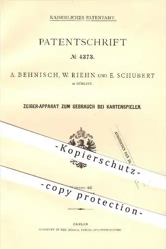 original Patent - A. Behnisch , W. Riehn , E. Schubert , Görlitz , 1878 , Zeiger - Apparat zum Kartenspielen , Skat !!