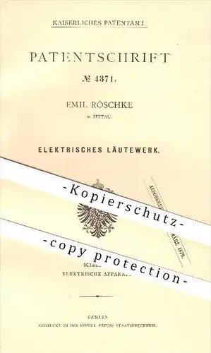 original Patent - Emil Röschke in Zittau , 1878 , Elektrisches Läutewerk , Läuten , Geläut , Klingel , Elektrik , Strom