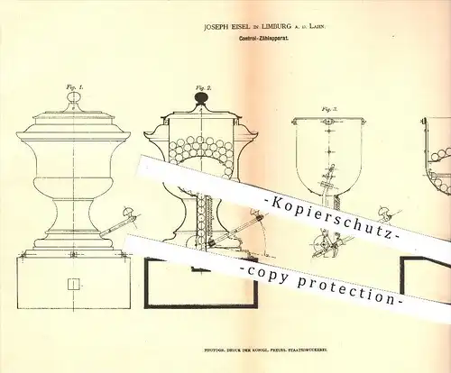 original Patent - Joseph Eisel in Limburg an der Lahn , 1878 , Kontroll-Zählapparat , Zählen , Mathematik !!!
