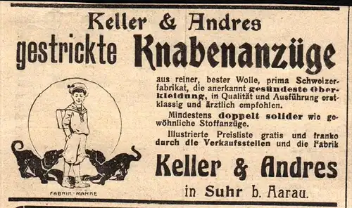 original Werbung - 1911 - Knabenanzüge , Keller & Andres in Suhr b. Aarau  !!!