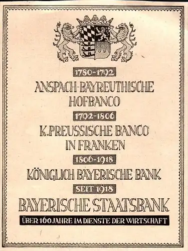 original Werbung - 1942 -  Anspach - Bayreuthischen Hofbanco , Bayerische Staatsbank , Sparkasse !!!