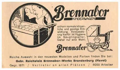 original Werbung - 1929 - BRENNABOR Kinderwagen , Brennabor-Werke in Brandenburg a.H. !!!