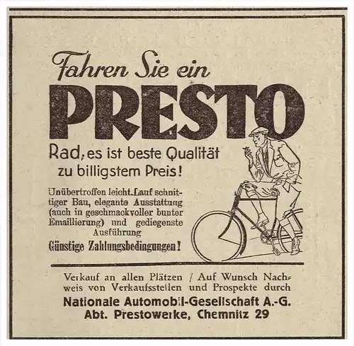 original Werbung - 1928 - PRESTO - Fahrrad , Nationale Automobil AG , Prestowerke Chemnitz !!!