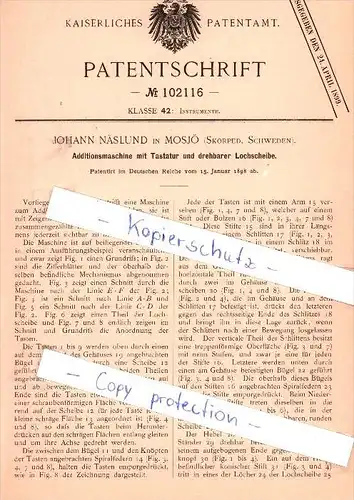 Original Patent - J. Näslund in Mosjö , Skorped , Schweden , 1898 ,  Additionsmaschine mit Tastatur  !!!